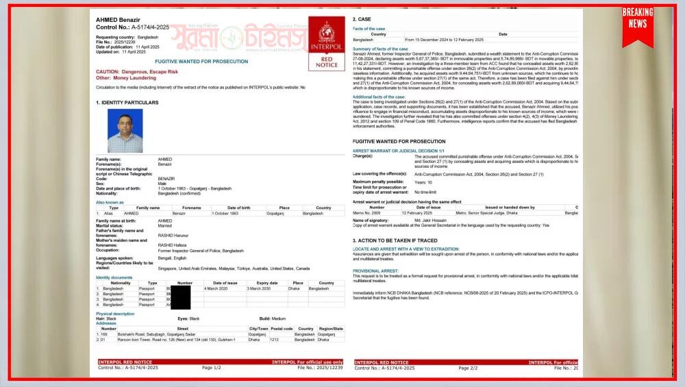 দুবাইয়ে গ্রেপ্তার বেনজীর -ইন্টারপোল সতর্কতায় গ্রেপ্তার, দেশে ফেরাতে দৌড়ঝাঁপ - Surma Times | Sylhet News
