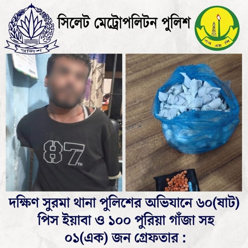 দক্ষিণ সুরমায় ৬০ পিস ইয়াবা ও ১৯০ গ্রাম গাঁজাসহ এক মাদক ব্যবসায়ী গ্রেপ্তার 1 দক্ষিণ সুরমায় ৬০ পিস ইয়াবা ও ১৯০ গ্রাম গাঁজাসহ এক মাদক ব্যবসায়ী গ্রেপ্তার - Surma Times | Sylhet News
