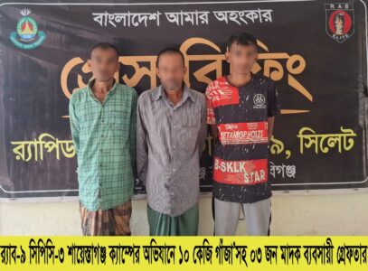 চুনারুঘাটে র‌্যাবের অভিযানে ১০ কেজি গাঁজাসহ তিনজন গ্রেপ্তার - Surma Times | Sylhet News